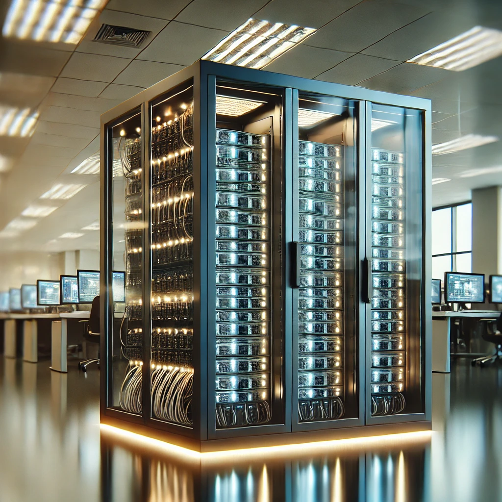 Nahaufnahme eines modernen Server-Racks mit Beleuchtung in einem Büro.