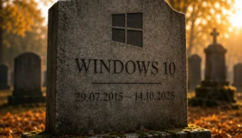 Grabstein mit Windows-Logo und der Inschrift Windows 10, 29.07.2015 bis 14.10.2025 – Symbolbild für das Support-Ende von Windows 10 am 14. Oktober 2025