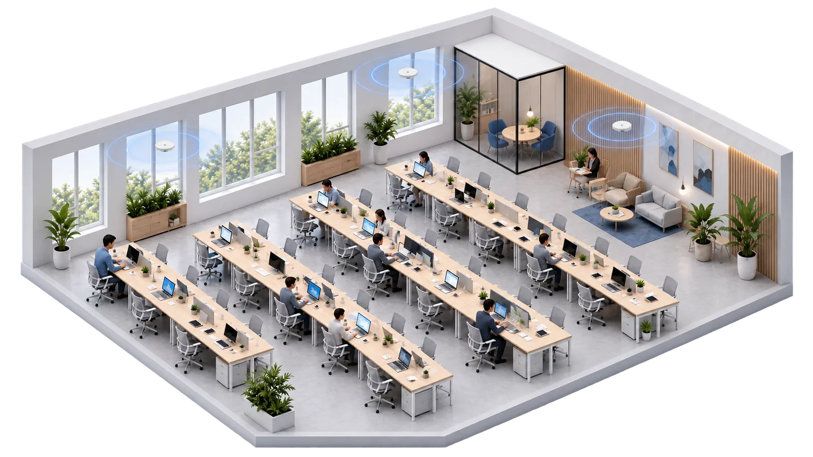 WLAN im Coworking-Großraumbüro mit mehreren Access Points über den Arbeitsplätzen