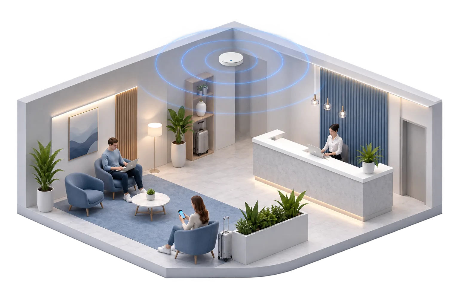 WLAN in Hotellobby mit Deckenaccesspoint, Empfang und Gästen mit Notebook und Smartphone