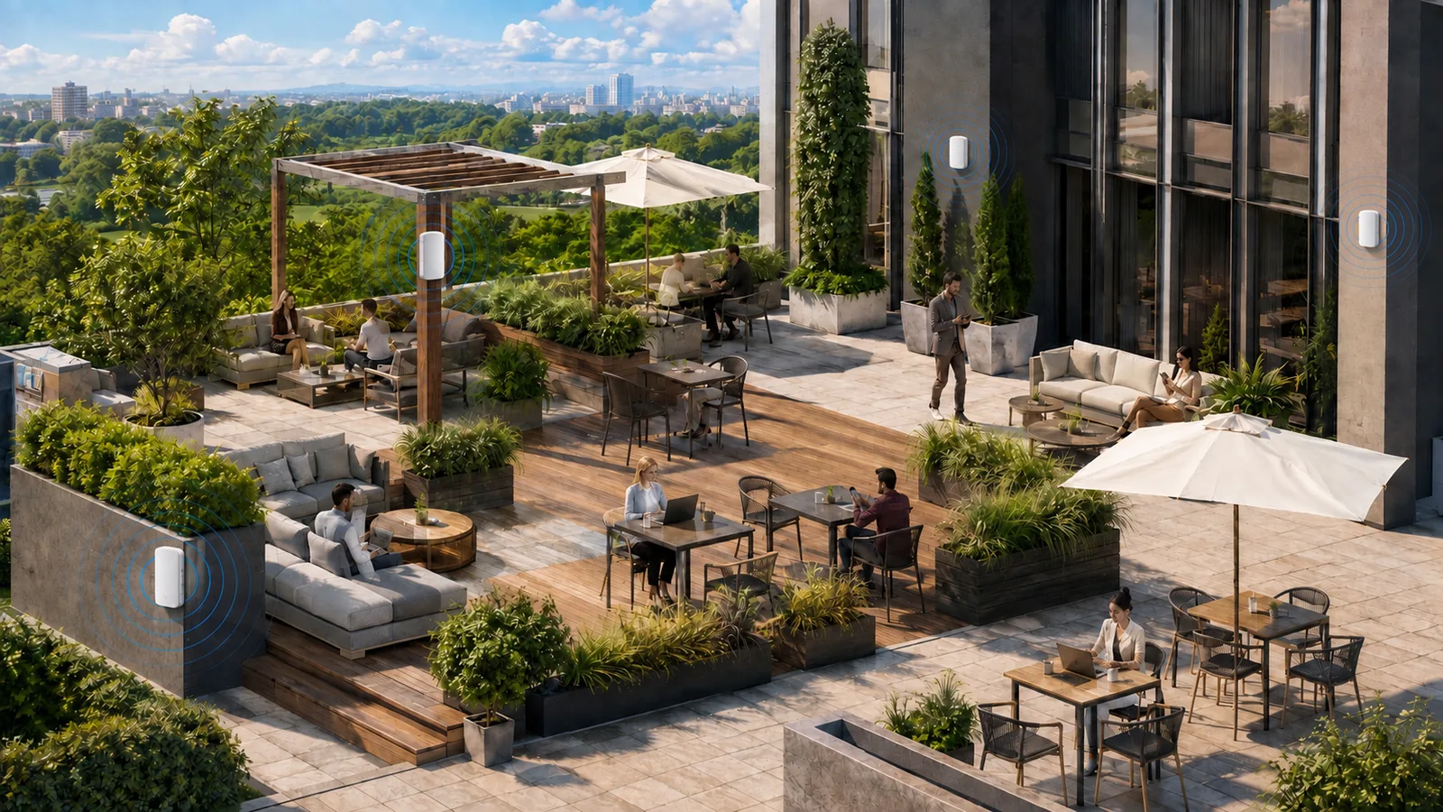 Outdoor-WLAN auf einer Dachterrasse mit wettergeschützten Access Points über Sitzbereichen